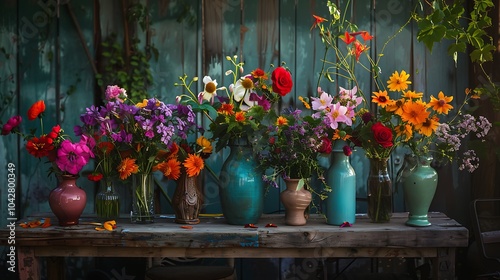 Bright the warmer months florals in vases on a rustic table in a backyard for sale
