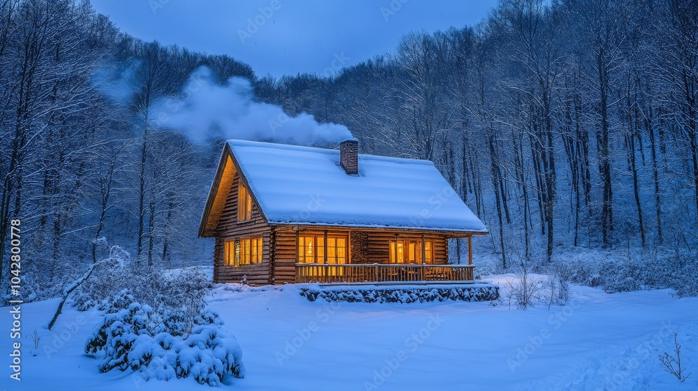 Cozy Cabin in Snowy Winter Forest at Dusk Cozy Cabin in Snowy Winter Forest at Dusk