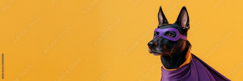 A dog wearing a purple superhero costume and mask against a bright yellow background.