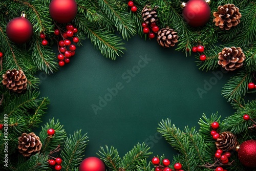 Festive Christmas Greenery with Ornaments and Pinecones