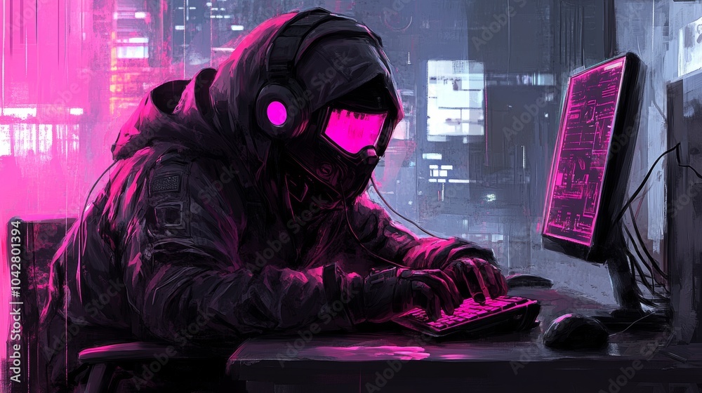 Cyberpunk Hacker Working at Computer with Glowing Pink Lights