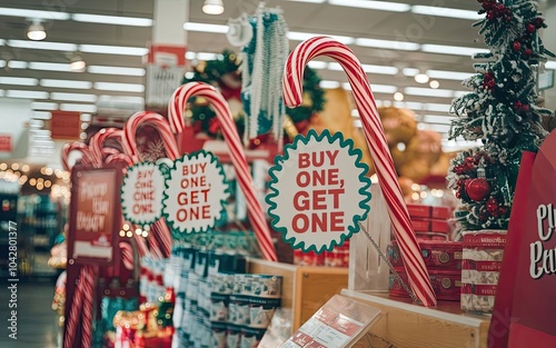 A festive shopping scene featuring candy canes and promotional signs highlighting a 