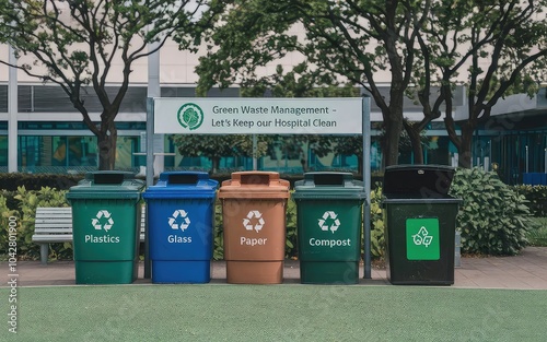Five colorful recycling bins labeled for waste separation in a green outdoor setting, promoting sustainability and eco-friendly practices.