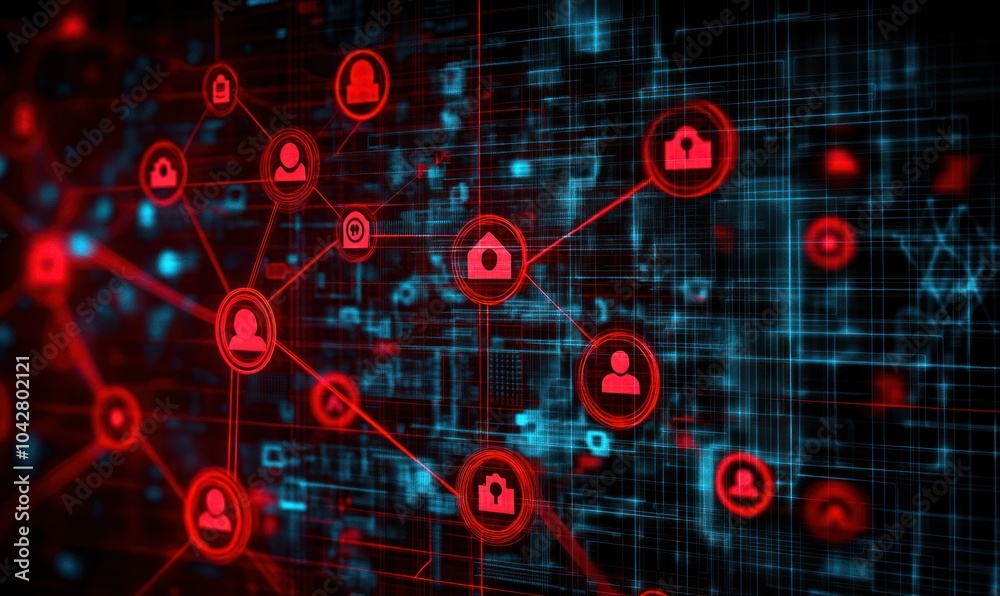 Abstract digital network visualization with red and blue elements representing connections. Abstract digital network visualization with red and blue elements representing connections.
