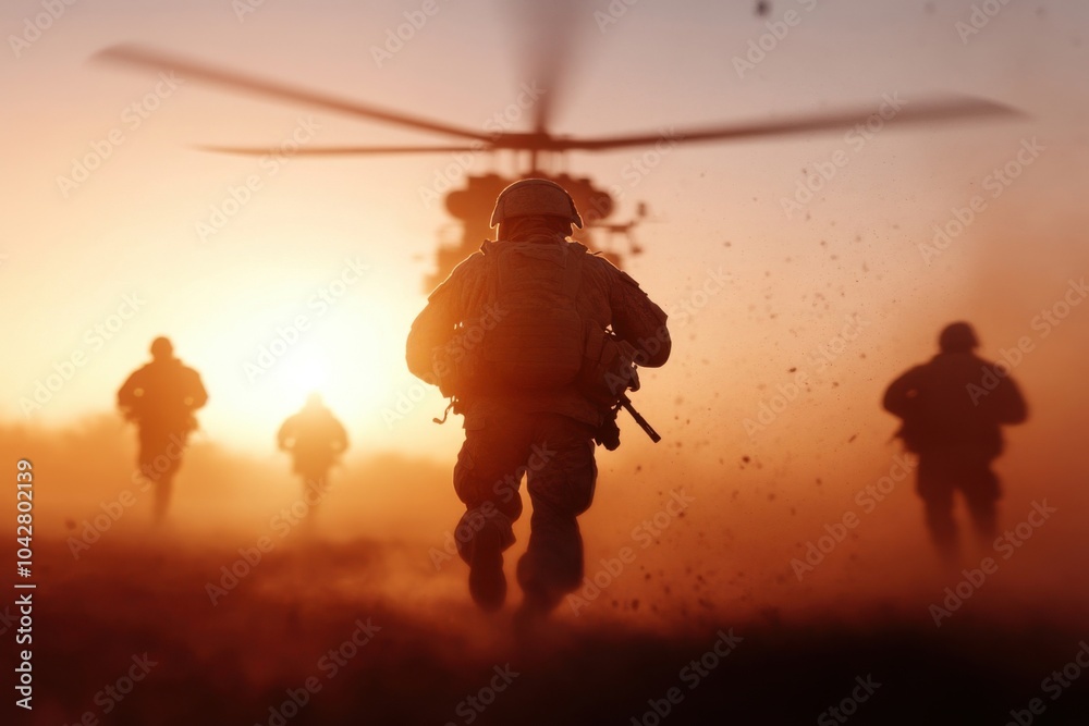 Fototapeta premium Squad of soldiers running on battlefield during military operation at sunset