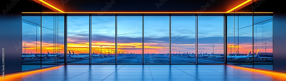 Fototapeta premium Airport Terminal Window View with Sunset and Airplanes