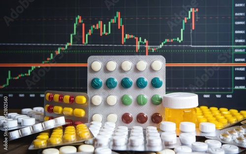 A colorful display of various pharmaceutical pills and capsules is contrasted against a stock market chart, symbolizing health and investment.