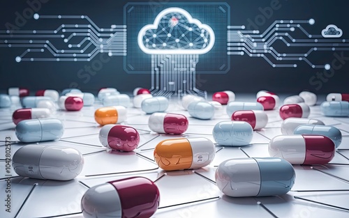 A digital artwork depicting colorful capsules scattered on a surface with a cloud symbol and network connections above, representing health technology and innovation.