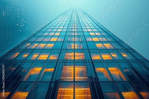 Wallpaper Mural A Modern Glass Skyscraper Glowing with Warm Lights in a Foggy City Torontodigital.ca