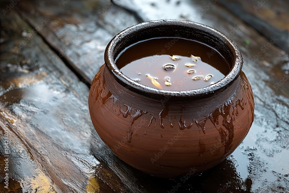 Clay Pot Filled with Liquid and Spices on a Wet Wooden Surface