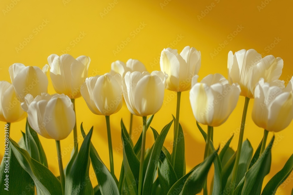 Obraz premium Delicate White Tulips Against Yellow Background