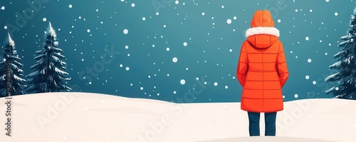 Cozy winter coat with a furlined hood, woman walking through a snowy park, festive holiday atmosphere, flat design illustration photo