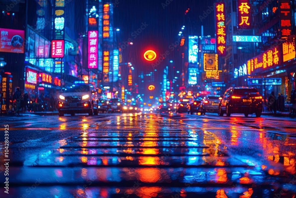 Naklejka premium Neon Reflections on Wet Pavement in a Rain-Soaked Cityscape