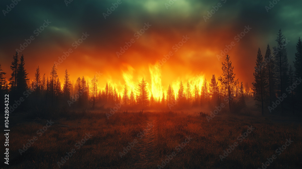 Obraz premium Raging wall of smoke coming from wildfire in forested valley area