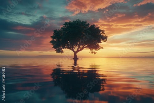 Sunset Reflections on a Solitary Tree in Water