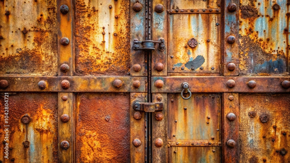 Iron door with rust fungus and yellow lichen from low angle view Iron door with rust fungus and yellow lichen from low angle view