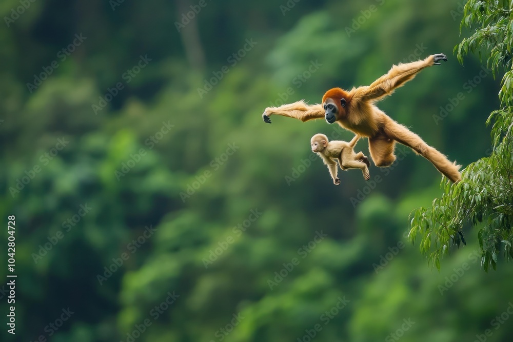 A gibbon leaps through the forest, carrying its young in a display of agility and care. A gibbon leaps through the forest, carrying its young in a display of agility and care.