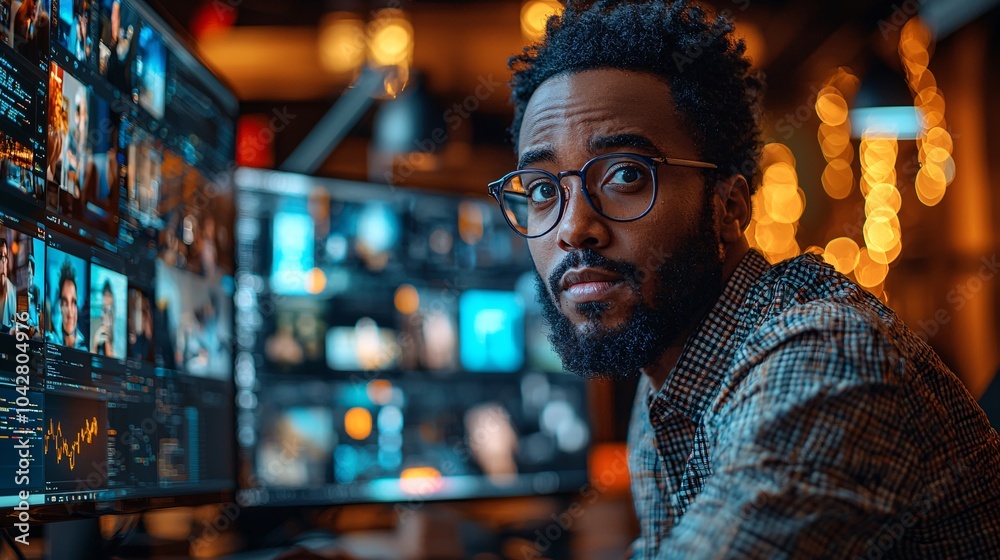 Focused Man with Glasses Working on Computer with Multiple Screens Focused Man with Glasses Working on Computer with Multiple Screens