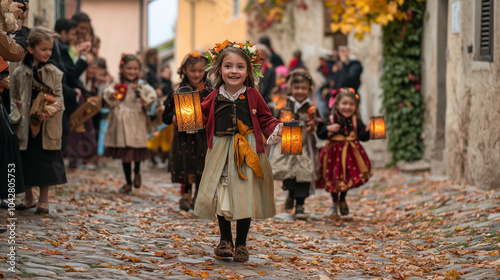 San Martino Festival, parade of children in traditional costumes carrying lanterns, cobbled streets typical of an old Italian village, autumn leaves falling everywhere, Ai generated images photo