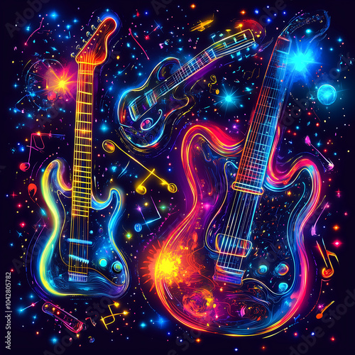 background with unlimited universe with music instruments cosmic neon colours