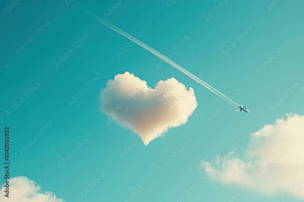 Romantic Cloud Shape with Airplane in Blue Sky Romantic Cloud Shape with Airplane in Blue Sky
