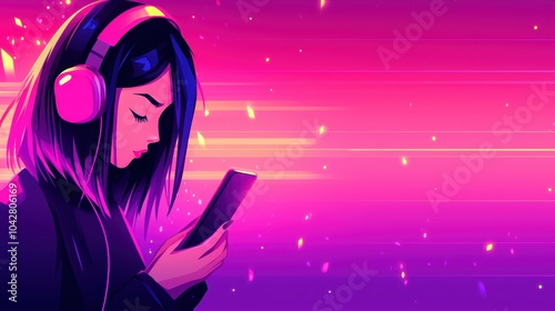 A colorful illustration of a girl wearing headphones, focused on her phone amidst a vibrant pink and purple background.