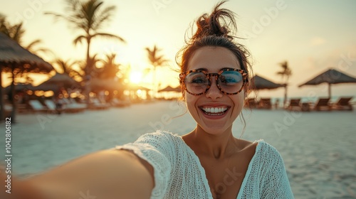 Fototapeta Naklejka Na Ścianę i Meble -  A cheerful woman takes a selfie on the beach at sunset, surrounded by palm trees and beach umbrellas, radiating joy and relaxation.