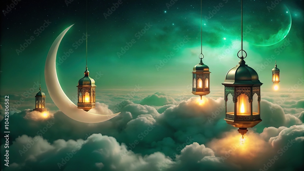 Islamic background with lanterns and crescent moon above the clouds on a green background low angle view Islamic background with lanterns and crescent moon above the clouds on a green background low angle view