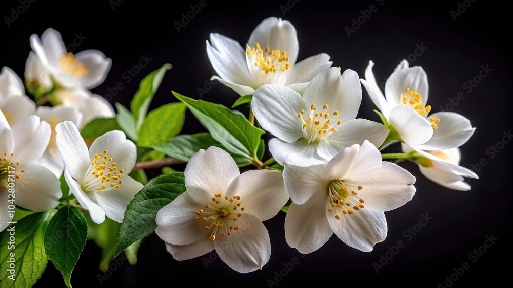 Extreme close-up detail of white flowers of Philadelphus Coronarius isolated on black Extreme close-up detail of white flowers of Philadelphus Coronarius isolated on black