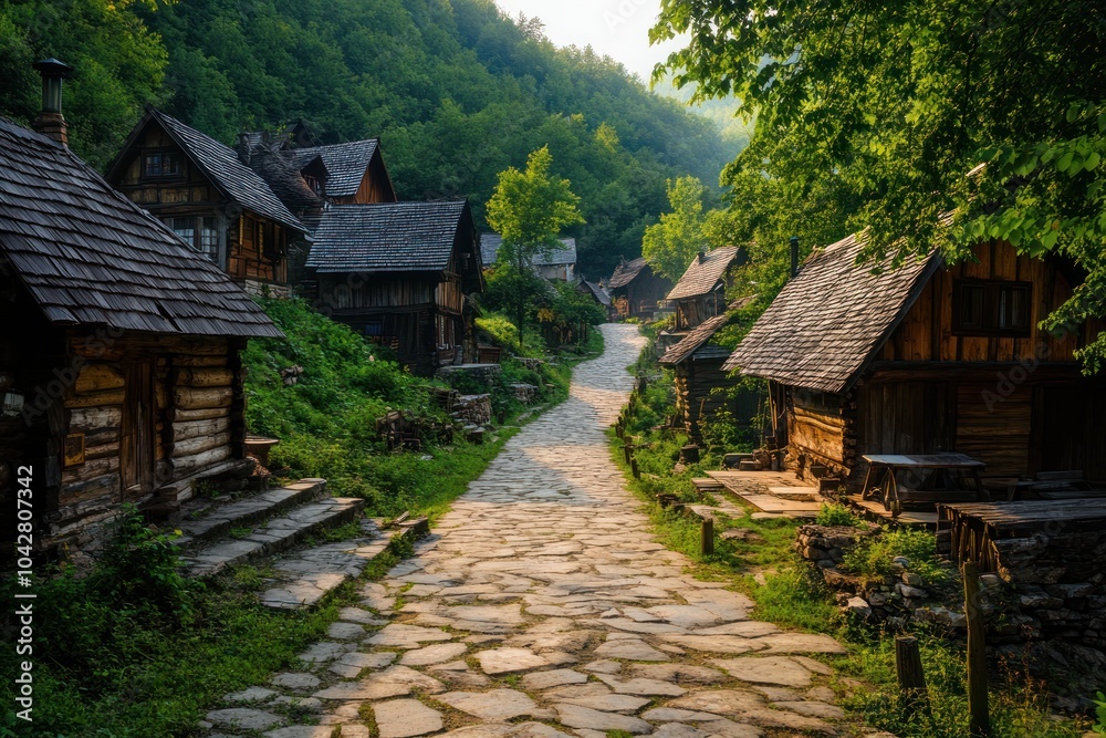 A serene village path lined with rustic wooden houses amidst lush greenery. A serene village path lined with rustic wooden houses amidst lush greenery.