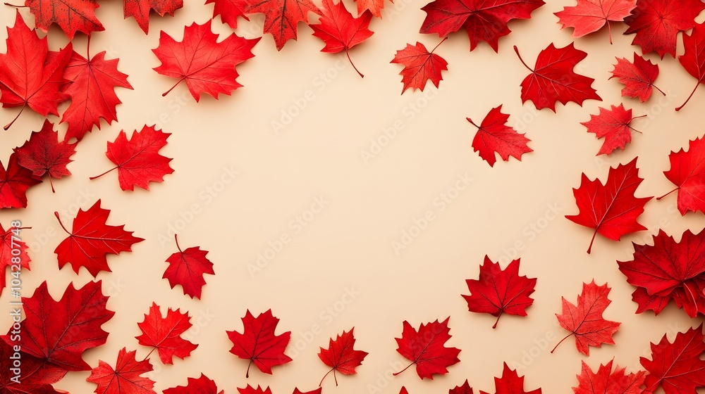 Vibrant Red Maple Leaves Scattered on Soft Beige Background with Copy Space Vibrant Red Maple Leaves Scattered on Soft Beige Background with Copy Space