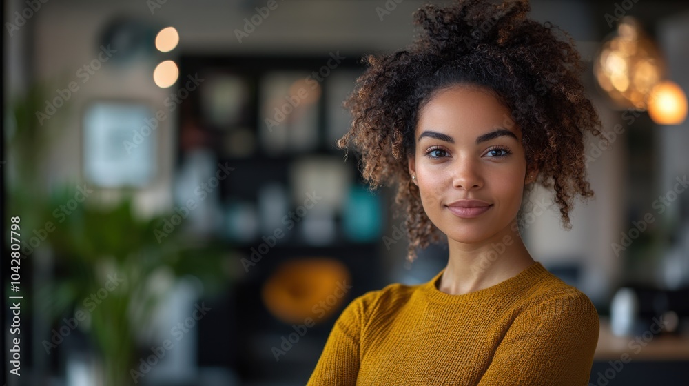 A confident young woman poses in a stylish indoor setting. A confident young woman poses in a stylish indoor setting.