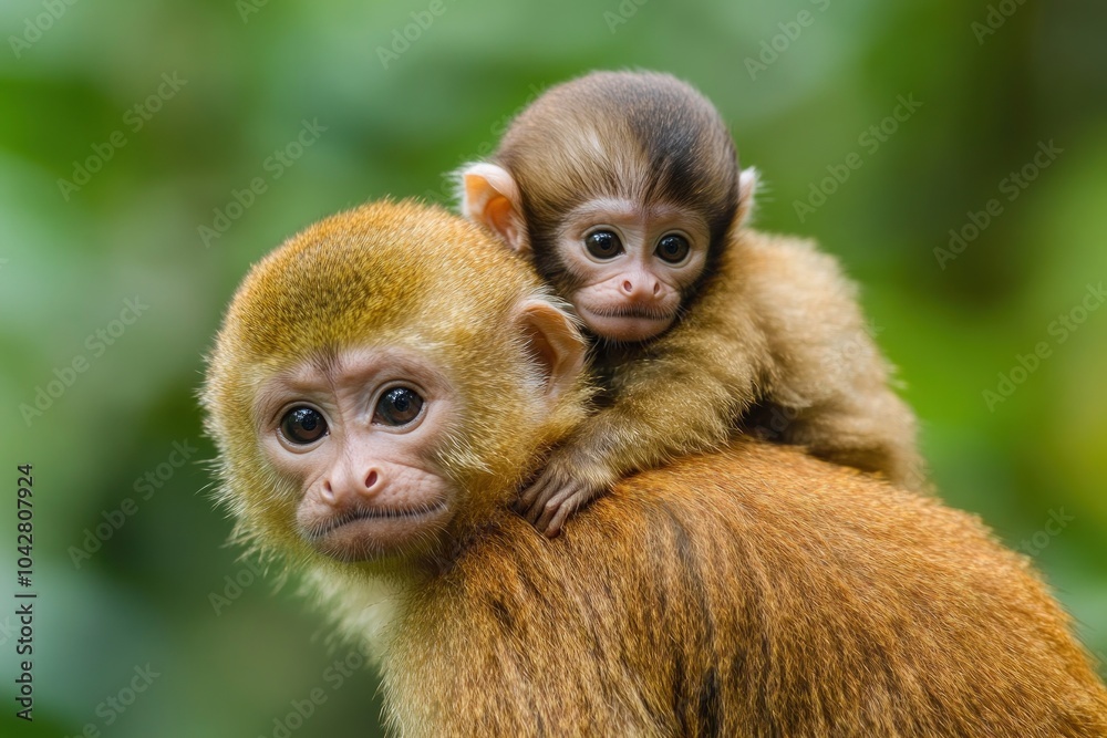 A close-up of a monkey with its baby on its back in a lush green environment.