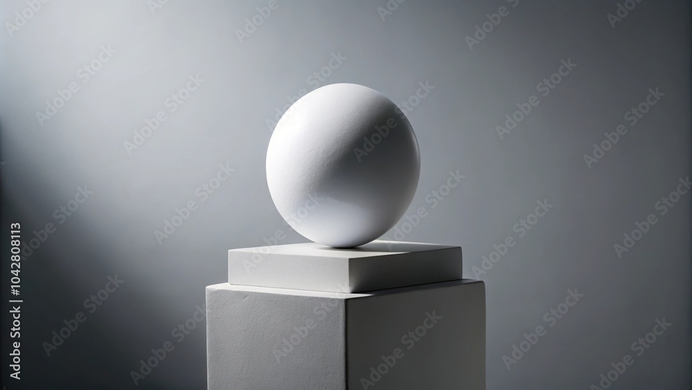 Extreme close-up minimalist composition with white sphere on pedestal against gray background Extreme close-up minimalist composition with white sphere on pedestal against gray background