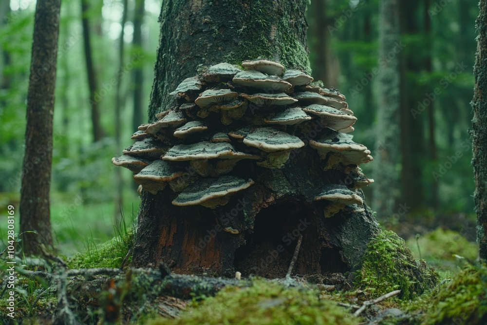 Mushrooms Growing on Tree Stump in Forest Setting Mushrooms Growing on Tree Stump in Forest Setting