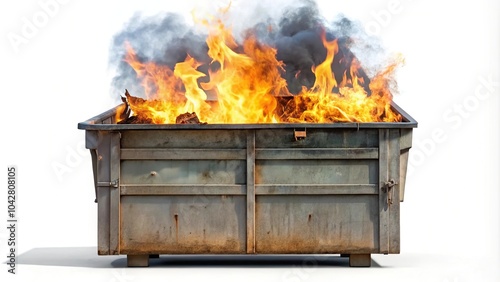 Isolated burning dumpster on white background