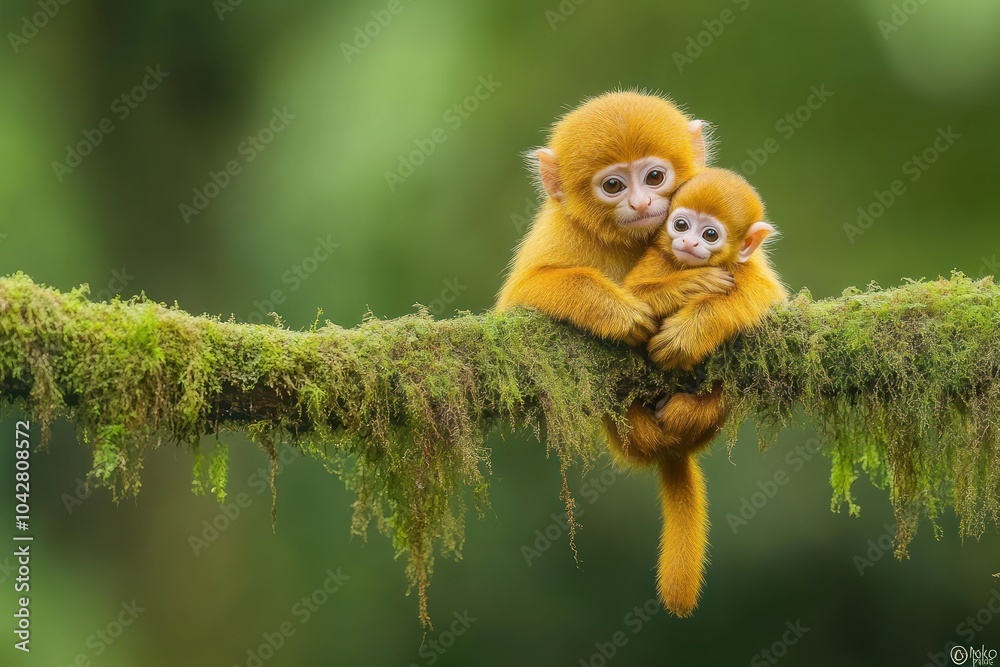 Two adorable golden monkeys cuddling on a mossy branch in a lush green environment. Two adorable golden monkeys cuddling on a mossy branch in a lush green environment.