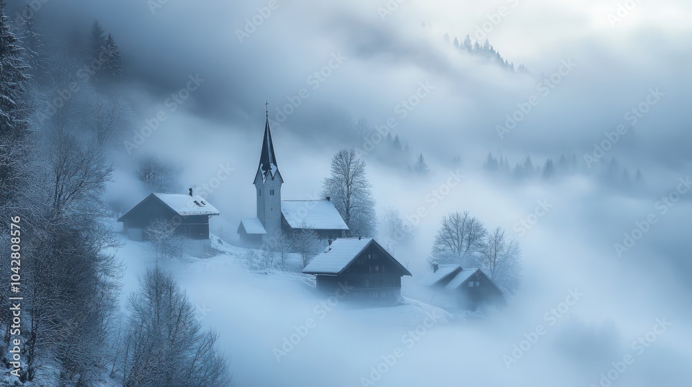 custom made wallpaper toronto digitalEnveloped in Mist: A Church and Homes in a Snowy Landscape
