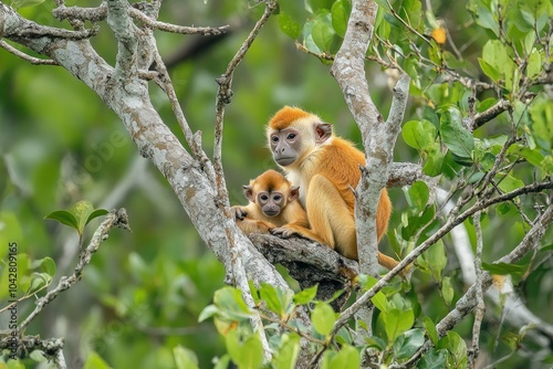 Two monkeys perched on a tree branch surrounded by green leaves.