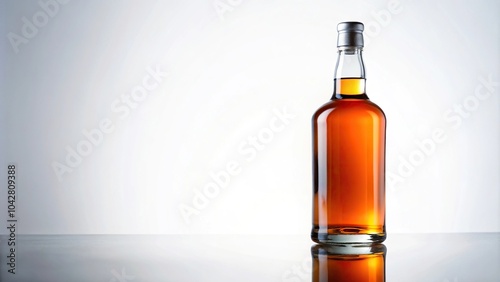 Isolated front shot of a whiskey bottle with reflection on white background