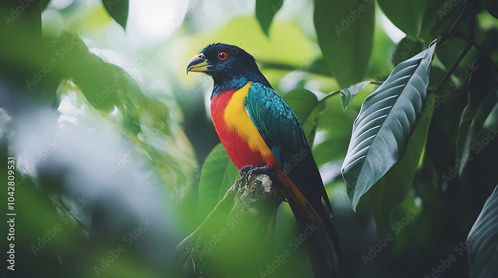 Obraz premium macro shot of colorful bird perched on branch surrounded by lush green leaves, showcasing its vibrant plumage and striking features. scene evokes sense of tranquility and connection with nature