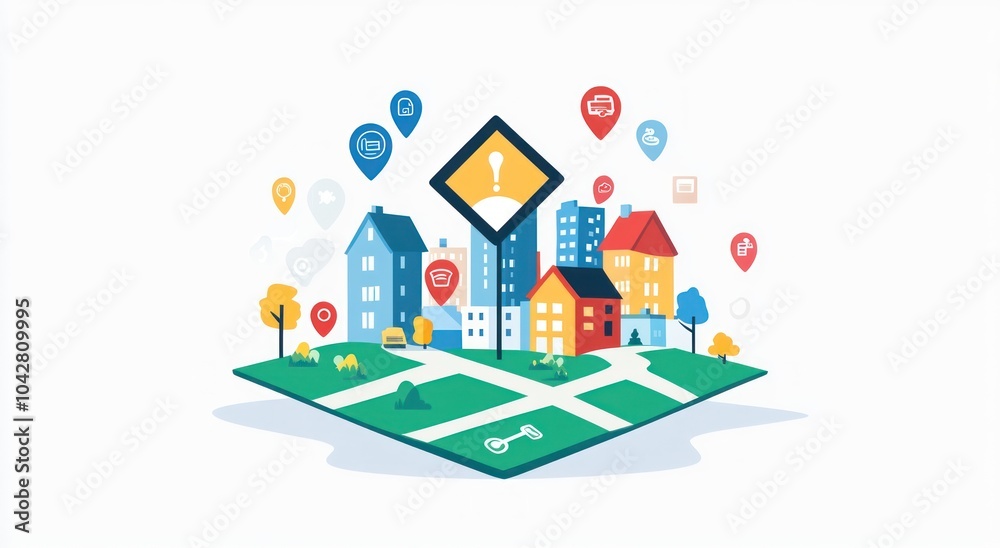 A colorful cityscape with buildings, icons, and a key symbolizing community and access. A colorful cityscape with buildings, icons, and a key symbolizing community and access.