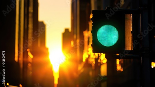 Bright Green Traffic Light at Sunset in Urban Setting