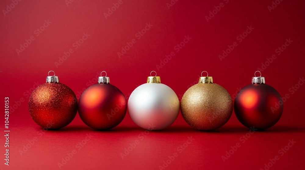 A row of five Christmas ornaments, three of which are red A row of five Christmas ornaments, three of which are red