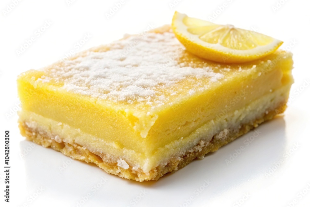 Isolated lemon bar on white background, tangy, sweet, single piece dessert, baked Isolated lemon bar on white background, tangy, sweet, single piece dessert, baked