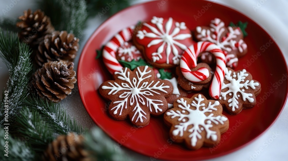 Close-Up of Christmas Cookies on a Red Plate Close-Up of Christmas Cookies on a Red Plate