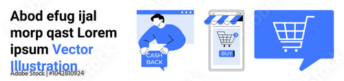 Blue themed visuals of a person with a cash back sign, an online storefront with a buy button, and a shopping cart icon. Ideal for online shopping, e-commerce, digital marketing, mobile shopping