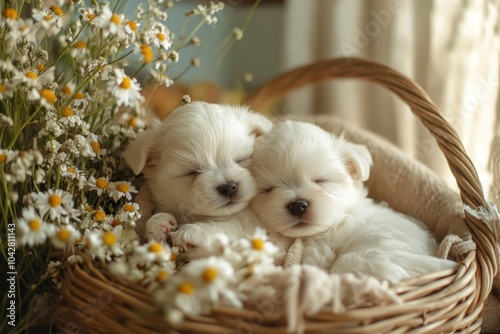 Cute Puppies Nestled in a Basket with Flowers