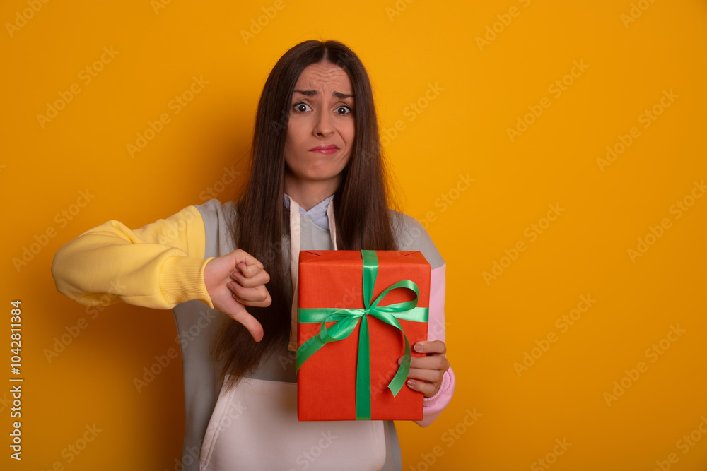 Young woman in hoodie holds red gift box making disappointed expression and giving a thumbs down. Set against bright yellow background, ideal for themes related to dissatisfaction or unwanted gifts Young woman in hoodie holds red gift box making disappointed expression and giving a thumbs down. Set against bright yellow background, ideal for themes related to dissatisfaction or unwanted gifts