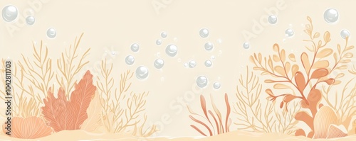 A serene underwater scene with bubbles and various sea plants.